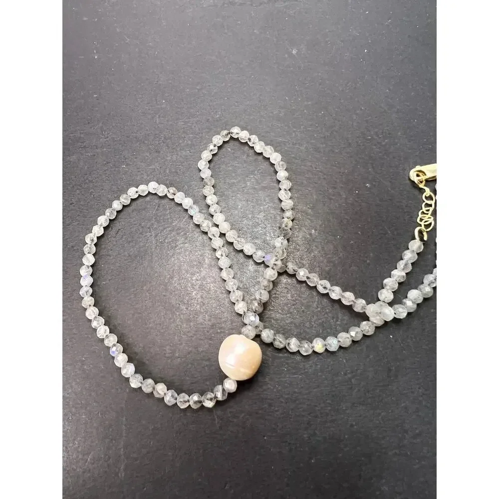 Labradorite and cultured pearl necklace with sterling silver lobster claw clasp